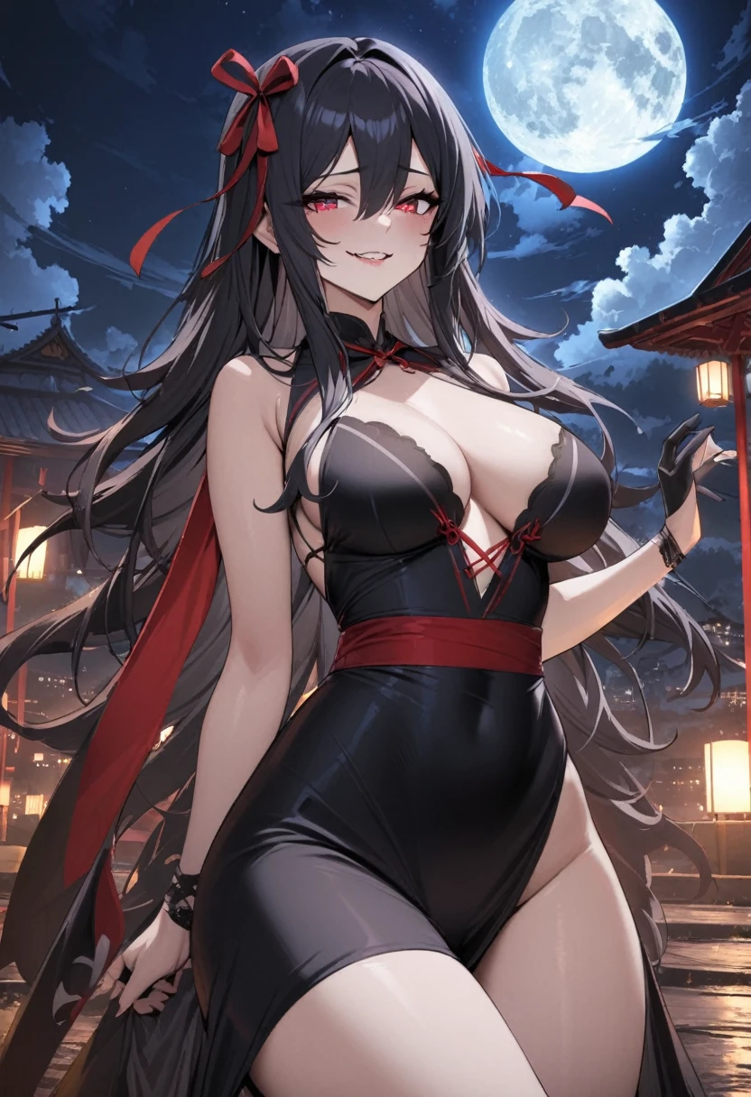 masterpiece, highest quality, detailed, One girl, alone, night sky, Outdoor, full moon, performer, cloud, night,,  Dark Sakura, (Black Dress), Long Hair, Wicked Smile, Red ribbon, Striped, Thighs