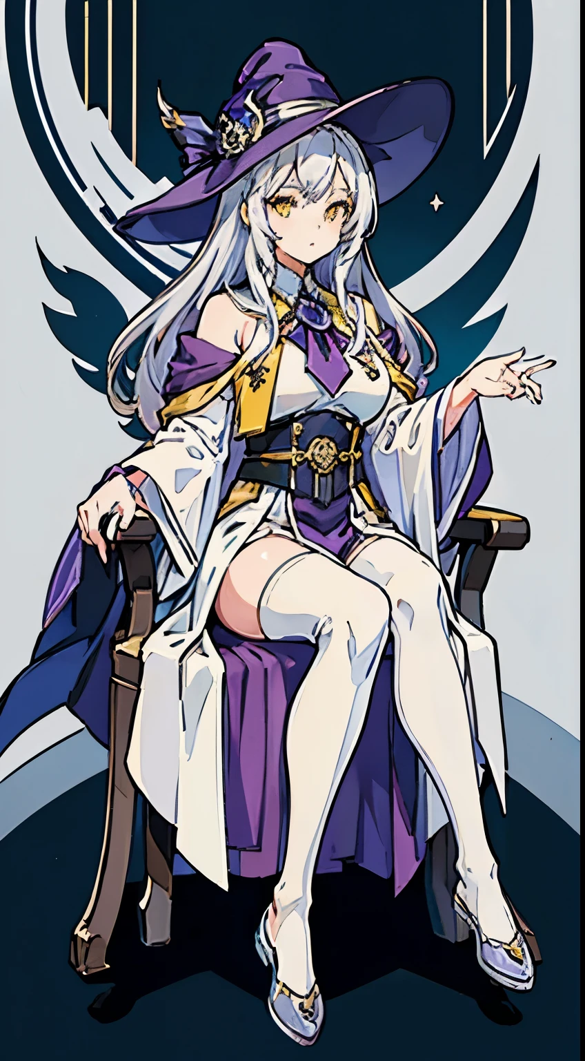 One Woman、young、Silver Hair、Long Hair、Yellow Eyes、Very large breasts、Wizard、White clothes、Purple Robe、Black Cape、Wear a pointed hat、Sit on a chair、Full body portrait、Study