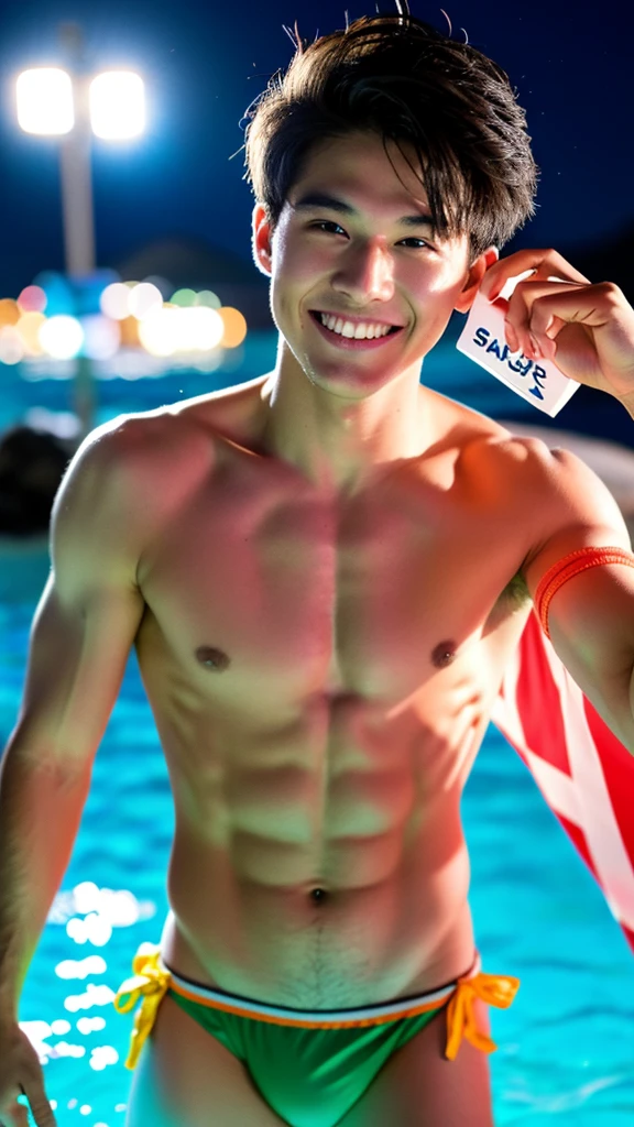 male　Age 22 Lifesaver swimwear smiling hawaii  at night