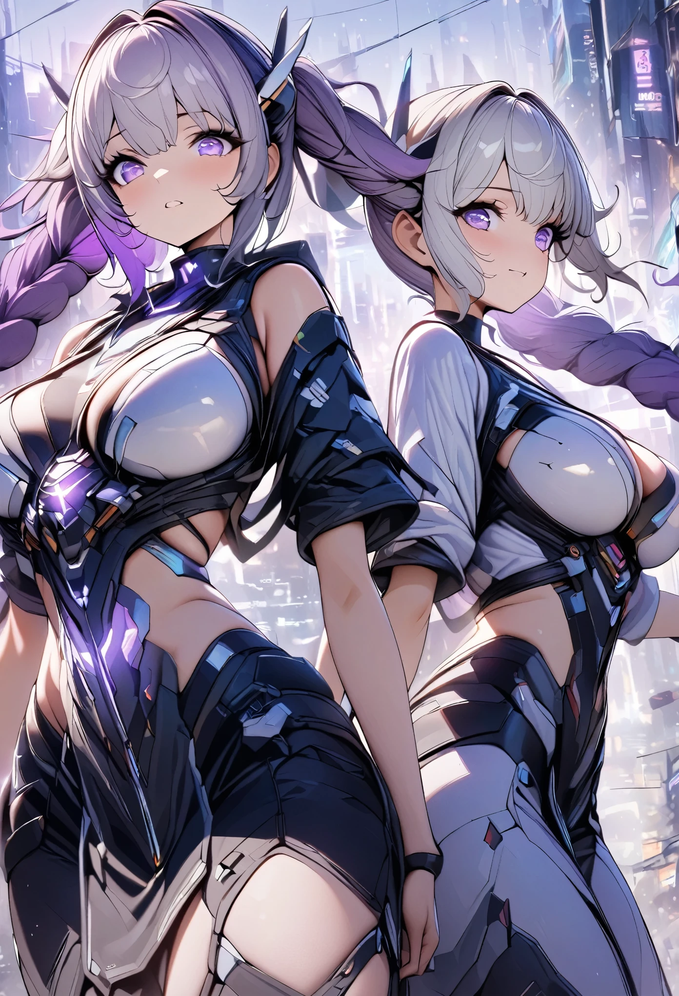 masterpiece,best quality, 2 Girls,(2girls:1.5),back_to_back,(1girl,yinji,mecha coverage,purple_gradient_hair,purple_hair,grey_hair,purple_eyes,very_long_hair,(twintails:1.2),braided_ponytail,large_breasts,armor, ), (1girl,short_hair,white_hair,one_piece_dress), beautiful detailed Cyberpunk city, colorful hair, beautiful delicate light, cold expression, crazy, sporty, very detailed, lots of details, glowing lights,color background,