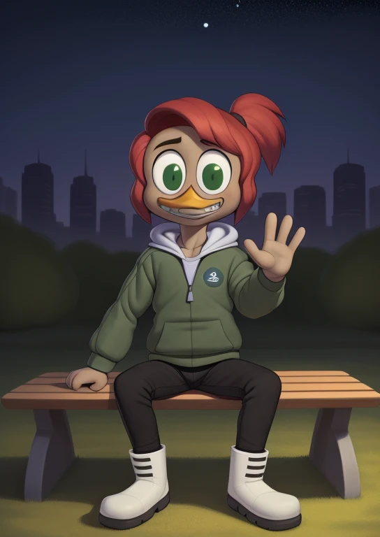 (by Drockdraw:1.2) (by chelodoy:1) (by ashraeli:1)  (masterpiece, high quality, full-length portrait) (detailed background, outside, park, city, night, stars:1.3) BREAK gosalyn waddlemeyer, solo:1.2, (light brown skin:1.35), green eyes, ducktales, eyeliner, zipper, number on clothing (flat chested:1.2) ( waving at viewer, hand on hip:1.2) (happy, wide eyed, fist, clenched teeth:1.1) (green clothing, open hoodie, black pants, white boots:1.3) (red hair, ponytail:1.2) (young, short:1.4) duck, beak, sad, shy, sitting on bench, 