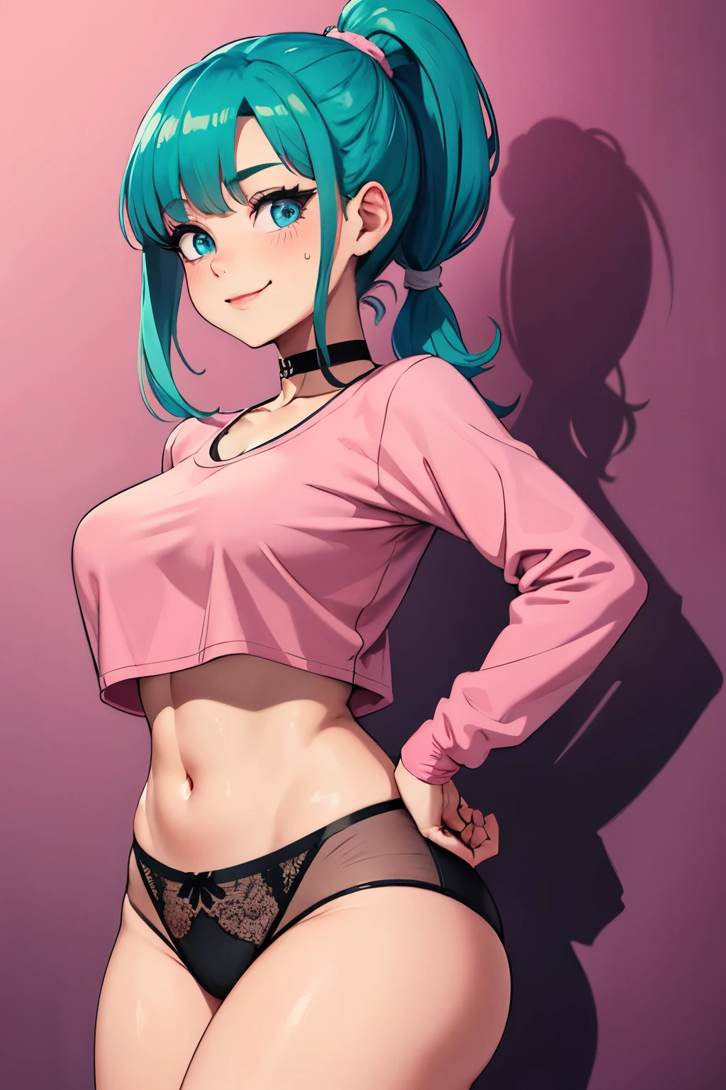 ((masterpiece,best quality)), absurdres, Bulma_DB,  braided ponytail, pink dress, blue eyes, solo, smiling, looking at viewer, cowboy shot, cinematic composition,  radiant eyes, bright blue eyes, eyes rolled back, pink sweat shirt crop top, sexy black lace underwear, black lace choker, looking up, Kame House background, laying on each other, seductive