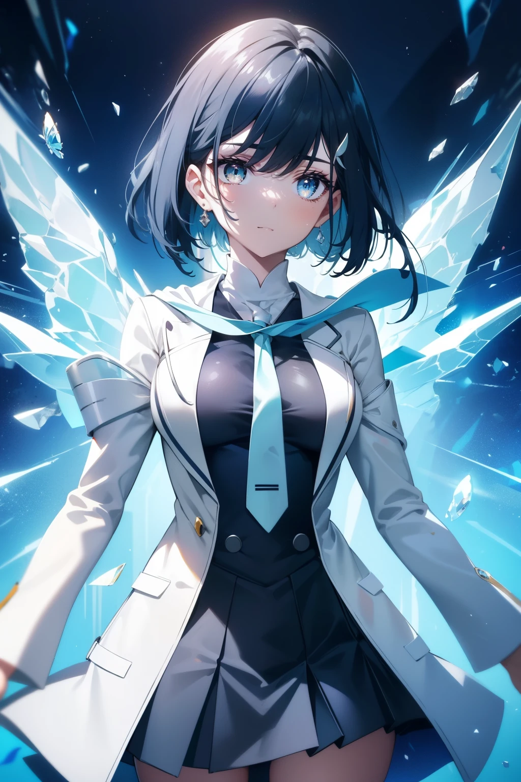 Best quality, beautiful face, detailed, perfect body, 
Girl, Green eyes, cute smile, short dark blue hair, cute Smile, white hair clip, small cute body, normal-sized cute breasts, white light jacket, blue butterfly tie, blue winter jacket, gray school skirt, city background , Ichigo from Darling in the Franxx Ash clothes