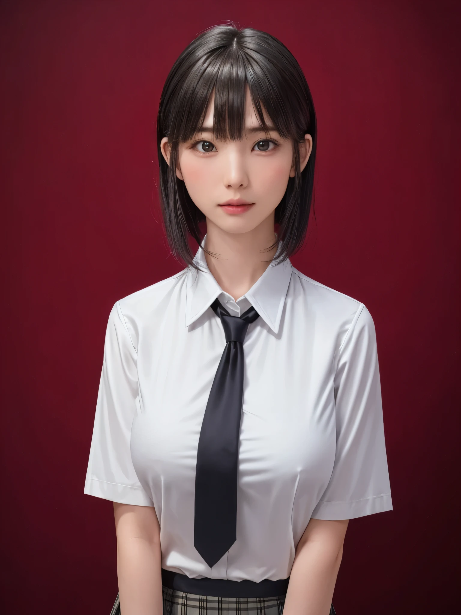 (masterpiece:1.3), (Realistic, RAW Photos, highest quality: 1.4), (One Girl), Beautiful Face, (超Realistic Face、シンメトリーのBeautiful Face), (Short black hair, short hair:1.6、bangs:1.3、Show off your beautiful ears), Beautiful hairstyle, (Realistic eyes), Beautiful details, Long eyelashes, (Realistic Skin), Beautiful Skin, [Big Breasts:1.3], {gigantic|big|huge|mega} breasts, (Perfect body:1.3), (Detailed body:1.2), (tie), (Collared shirt, Pleated skirt:1.3), Absurd, charm, Ultra-high resolution, Ultra-realistic, Very detailed, Golden Ratio,Very cute beautiful woman、28 years old