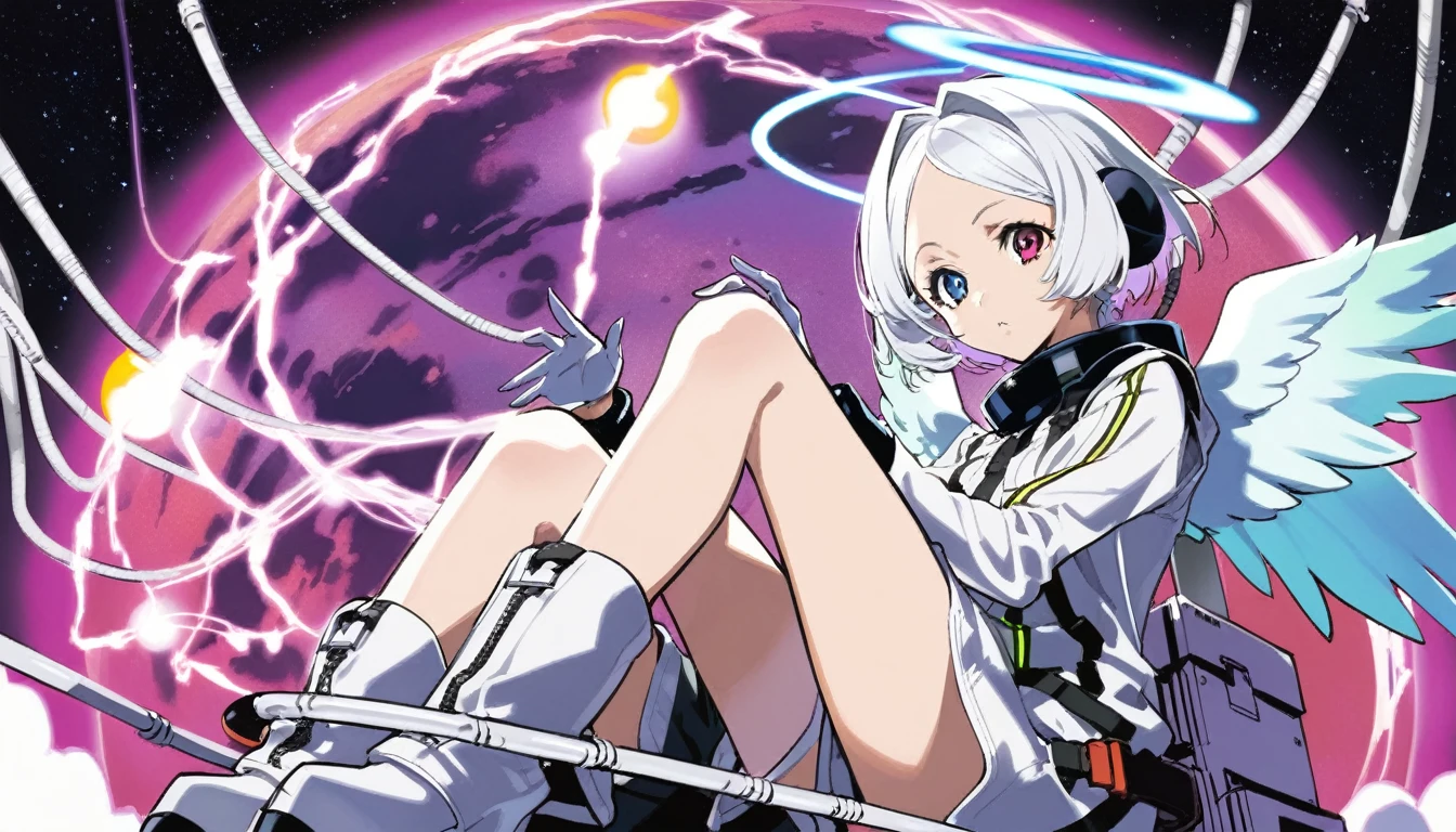 One girl, by yoneyama mai, Mymuro, Suspected habitat, wave hands, Heterochromatic pupil, (Sitting on a neon planet), Cowboy Shot,Great quality, Pushed down, Angel Wings, alone, Long white hair, Winged Bangs, Provocative, Space Background, The contrast between the cables and wires is aesthetically pleasing, Beautiful colors, (Great quality:1.5), masterpiece