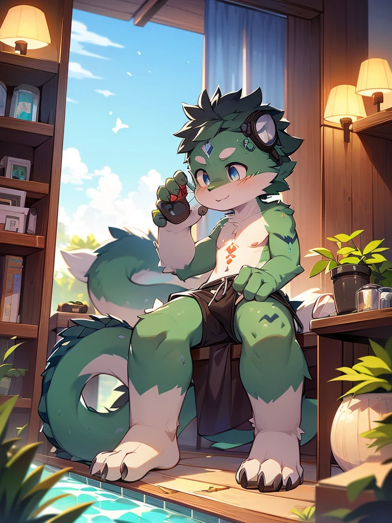 Dark green Chinese dragon boy,Gray fur,Topless, mammal, hairy,Gray Eyes,upscale hotel,Transparent swimming trunks quality,goggles,moon tattoo