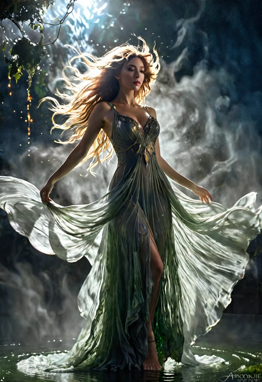 zrpgstyle, from_side, from_below, Aphrodite made of water, (seductive expression:1.2), Aphrodite With (long water hair:1.2), translucent, transparent dress, rising in the sky, moss, smoke, vines, churning water, ethereal Phoenix, ethereal midnight, moonlight, backlight, (masterpiece:1.2), (best quality), (detailed), (intricate), (8k), (HDR), (wallpaper), (cinematic lighting), (sharp focus), freeze iced, no chest dress, glowing skin, perfect face, perfect body, Phoenix flames