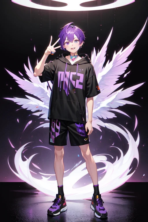Perfect face Purple hair Purple eyes Cyberpunk purple short sleeve hoodie Boy Double teeth Peace sign Full body