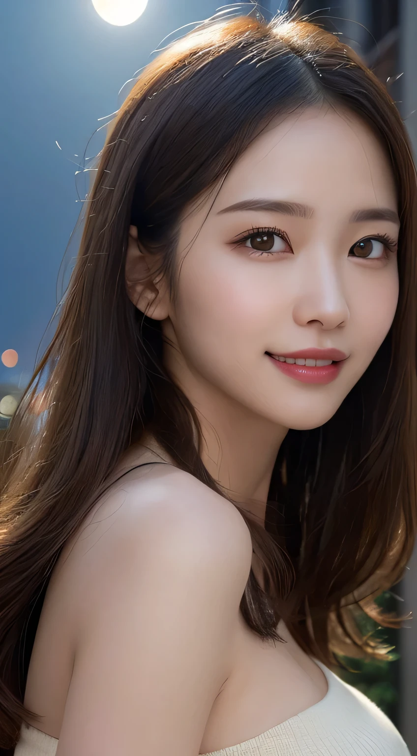 Body portrait, 8K, thin and beautiful eyes, Dindal effect, masterpiece, top quality, high quality, high resolution, very detailed photo, (natural skin texture, fine skin, hyper realism, super sharpness), high detail skin, (very fine, fine skin texture, intricate details, beautiful face, (realistic face), realistic eyes, beautifully detailed eyes, realistic skin, beautiful skin, surreal, very detailed Golden ratio, smiling eyes, ((night moonlight background) )), body portrait, G cup, big breasts, huge breasts, big breasts, glamorous, sexy knit dress,