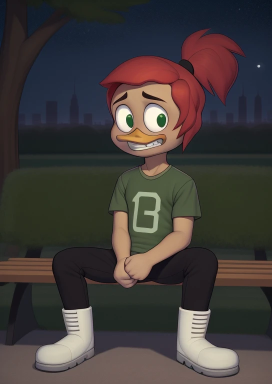 (by Drockdraw:1.2) (by chelodoy:1) (by ashraeli:1)  (masterpiece, high quality, full-length portrait) (detailed background, outside, park, city, night, stars:1.3) BREAK gosalyn waddlemeyer, solo:1.2, (light brown skin:1.35), green eyes, ducktales, eyeliner, zipper, number on clothing (flat chested:1.2) ( looking at viewer) (wide eyed, fist, clenched teeth:1.1) (green clothing, t-shirt, black pants, white boots:1.3) (red hair, ponytail:1.2) (young, short:1.4) duck, beak, sad, shy, sitting on bench, 