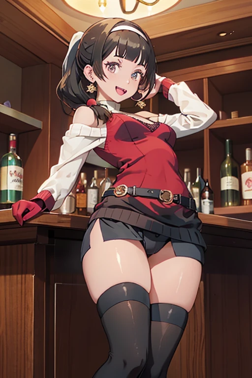 (from below1.1),(from front:0.9), ((Face)), (Close-Up:0.4), masterpiece,"A 22-year-old girl stands at a bar counter, black hair, hair ornament, red eyes, thighhighs, gloves, dress, holding, bare shoulders, jewelry, standing, weapon, flower, sidelocks, hairband, earrings, boots, black gloves, black thighhighs, hair flower, She is dressed in a stylish off-shoulder dress, sweater dress, off-shoulder sweater, red sweater,garter stocking, cleavage:1.1, black shorts, black thighhighs, thigh strap, pretty girl, (highly detailed beautiful face and eyes,firm breasts),real skin,((black,hair,long pony tail hair)),thin pubic hair,cute and lovely pose, detailed eyes, This masterpiece is only visually stunning but also tells,(double breasted:0.6,under bust:0.6),(with sparkling eyes and a contagious smile),open mouth, The bar is beautiful, with colorful bottles of alcohol in the background and a soft glow from neon lights. The atmosphere is relaxed, and the girl looks confident and fashionable.",full body, sexy pose,make a cocktail , in a bar counter, Looking at Viewer,
