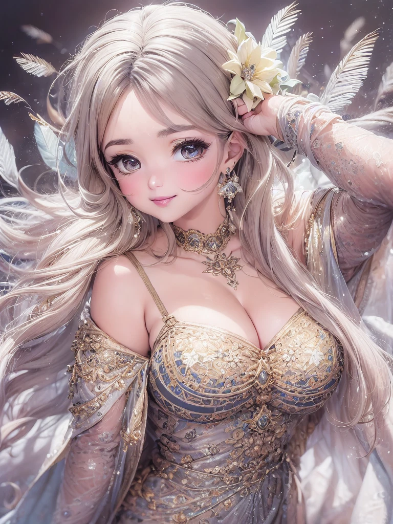 50 year old mature woman, Looking at the audience, Attractive breasts,Sensual curves、bubble、Full Body Shot,Nightgown, Charming smile, Thick lips, plump唇, blush, Looking at the audience, Provocative expression, Beautiful Hairstyles, Cleavage, plump、Curvy Hips、Attractive face、Mischievous face、Sexy Lingerie、An inviting gaze、Expressing emotions、colored feather, Money属装飾品, particle, Light, (masterpiece, highest quality, highest quality, Official Art, beautifully、aesthetic:1.2), (1 girl:1.3), Very detailed,(Fractal Art:1.1),(colorful:1.1)(flowerズ:1.3),Most detailed, (Dynamic pose), (Shiny skin), (Many colors :1.4), ,(Earrings:1.4), (feather:1.4),masterpiece, 30~40 years, Mr.々Hair style,Moneyのヘッドバンド,Tulle covers the chest,Perfect balance, Detailed details of the garment,marble,cinematicLighting, Film Grain, contrast of Light and dark,High detail,(((Gorgeous Accessories))))、Openwork decoration,(((See-through dress)))、(((Anatomically correct body))) ,1 girl, (High resolution), (8k), (Very detailed), Perfect Face, Beautiful eyes and face, (((highest quality))), (Very detailed), Detailed face and eyes, Beautiful Eyes,(((Sexy pose,Beautiful Eyes、Transparent double eyelids、(((Super gorgeous background)))、Bright Eyes,Money,diamond,gem,Body Chain,Luxury Accessories,beautifully、aesthetic,flower、(((Super gorgeous background)))、Bright Eyes