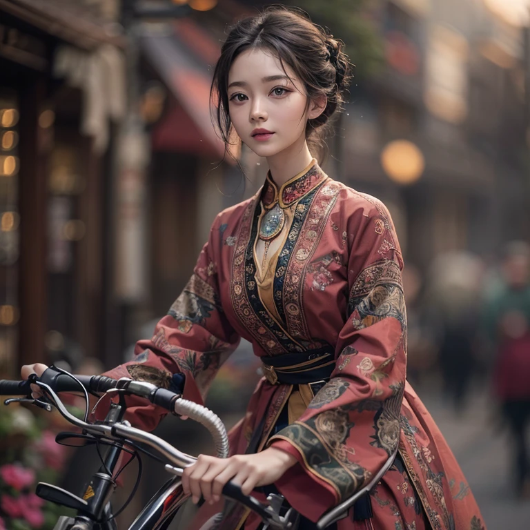 Ride an Antique Bicycle on Baker Street 、Hair flow、 ((highest quality、masterpiece、8k、Best image quality、Ultra-high resolution、Award-winning works)、(Accurate anatomy:1.1)、(Look at me and smile:1.1)、Shining fair skin with Ultra-high resolution、The most detailed face、Ultra-high resolution detailed face、Ultra-high resolutionの髪の毛、(Ultra-high resolutionの煌めく瞳:1.1)、Beautiful face drawn in every detail、(Blurred Background:1.1)、Ancient Islamic clothing, Chest to chest, tattoo,