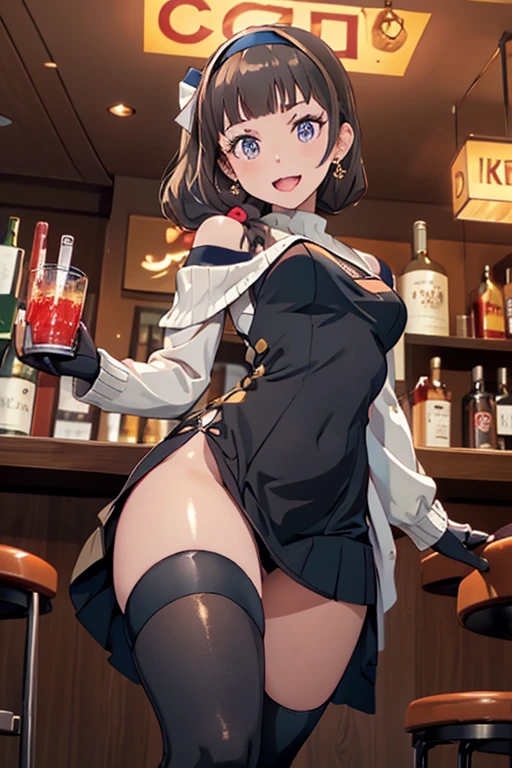 (from below1.1),(from front:0.9), ((Face)), (Close-Up:0.4), masterpiece,"A 22-year-old girl stands at a bar counter, black hair, hair ornament, red eyes, thighhighs, gloves, dress, holding, bare shoulders, jewelry, standing, weapon, flower, sidelocks, hairband, earrings, boots, black gloves, black thighhighs, hair flower, She is dressed in a stylish off-shoulder dress, sweater dress, off-shoulder sweater, red sweater,garter stocking, cleavage:1.1, black shorts, black thighhighs, thigh strap, pretty girl, (highly detailed beautiful face and eyes,firm breasts),real skin,((black,hair,long pony tail hair)),thin pubic hair,cute and lovely pose, detailed eyes, This masterpiece is only visually stunning but also tells,(double breasted:0.6,under bust:0.6),(with sparkling eyes and a contagious smile),open mouth, The bar is beautiful, with colorful bottles of alcohol in the background and a soft glow from neon lights. The atmosphere is relaxed, and the girl looks confident and fashionable.",full body, sexy pose,make a cocktail , in a bar counter, Looking at Viewer,