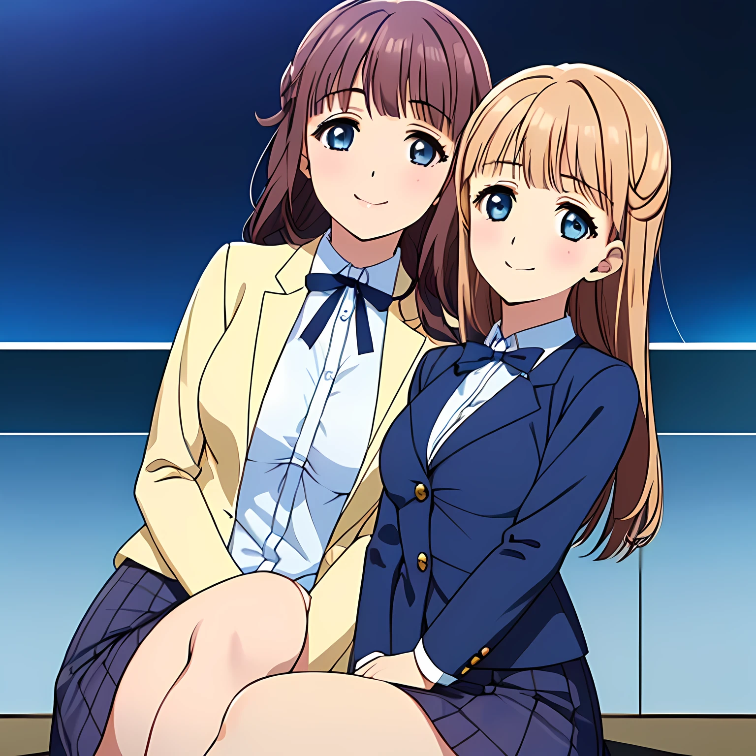 highest quality, (masterpiece:1.2), Very detailed, Game CG, ((((Like a young lady painted by Renoir1Side shot of two beautiful girls sitting)))), ((The girl everyone loves)), (((Very beautiful blonde wavy hair))), ((((Navy blue blazer)))), (((Dark navy blue checked skirt))), ((((Very beautiful and shining eyes)))), ((Very long eyelashes)), A big white ribbon on the chest, ((An elegant expression like a noble princess)), (((Beautiful and great smile))), Small face and great posture, ((Give the viewer a heavenly feeling of happiness)), (((Blur the background))), ((A very compassionate face)), ((Slender and shapely breasts))
