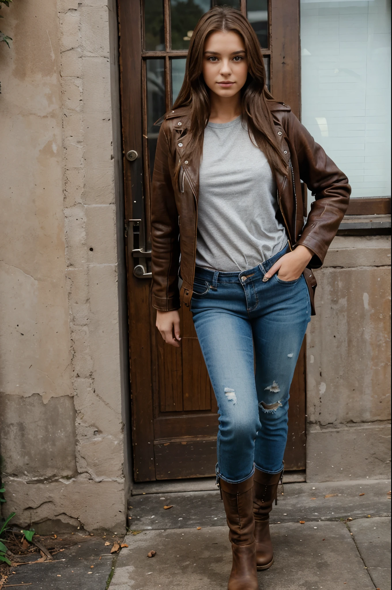 21 year old woman with long brown hair wearing leather boots, jeans and a leather jacket