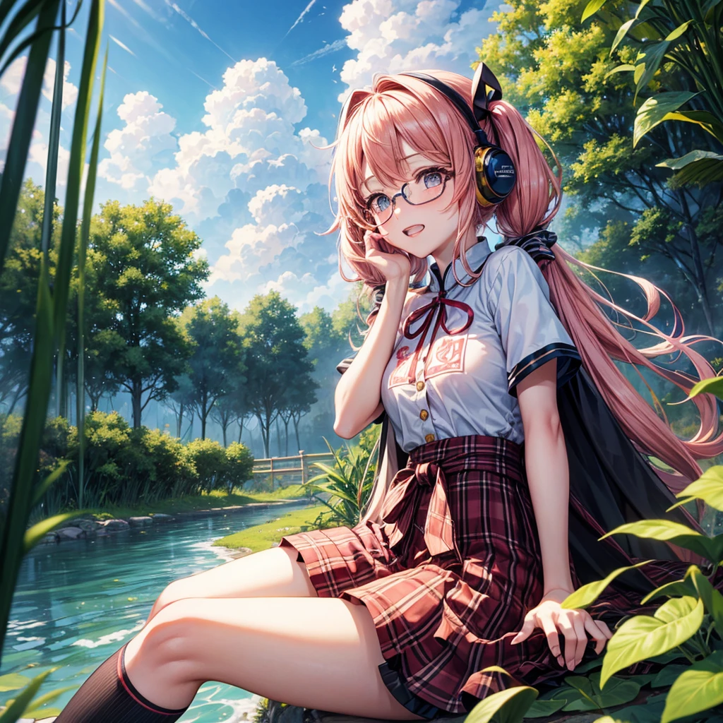Pink Blue Gold Golden Hair、Golden Eyes、Two good looking girls、Twin tails、solo、anime、Checkered mini skirt、The skirt has buttons、Red T-shirt、China、Cape、Black knee-high socks、Wearing headphones、Wearing a ribbon、Ribbon on waist、Tilting face、Teeth are visible、Sunset sky、Water Mountain、Piercing the clouds、Contrail、Glasses、tree、Sitting、Touching your face、lotus leaves、canal、Cumulonimbus、bamboo forest、Facing each other