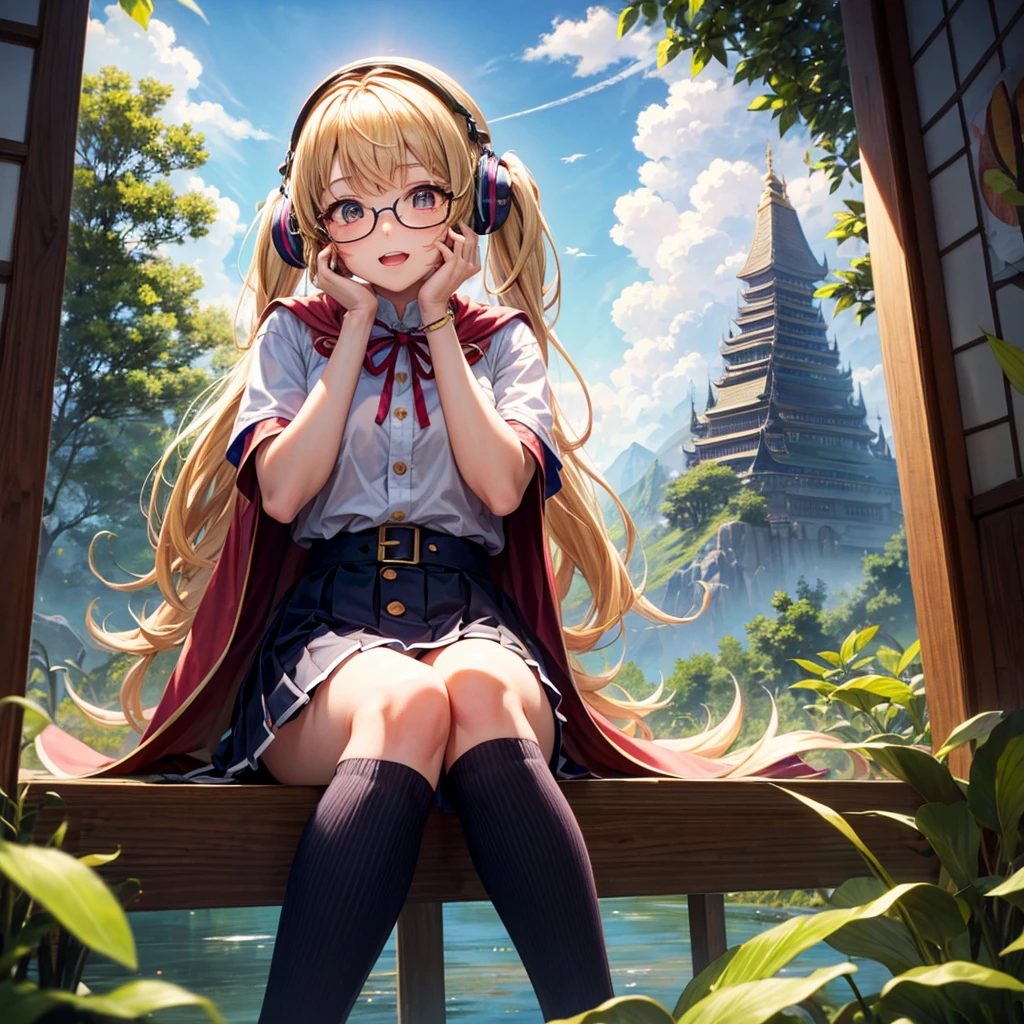 Pink Blue Gold Golden Hair、Golden Eyes、Two good looking girls、Twin tails、solo、anime、Checkered mini skirt、The skirt has buttons、Red T-shirt、China、Cape、Black knee-high socks、Wearing headphones、Wearing a ribbon、Ribbon on waist、Tilting face、Teeth are visible、Sunset sky、Water Mountain、Piercing the clouds、Contrail、Glasses、tree、Sitting、Touching your face、lotus leaves、canal、Cumulonimbus、bamboo forest、Facing each other