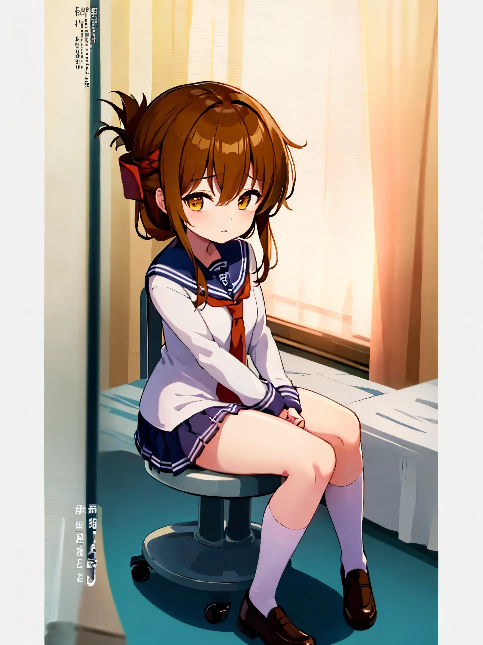 An unwell high school girl wearing a miniskirt sailor suit in the health room(masterpiece, best quality:1.2),illustration,8k,hd,1girl,solo,upper body,(portrait:1.2),brown_hair,folded_ponytail,brown_eyes,serafuku,long_hair,school_uniform,skirt,pleated_skirt,