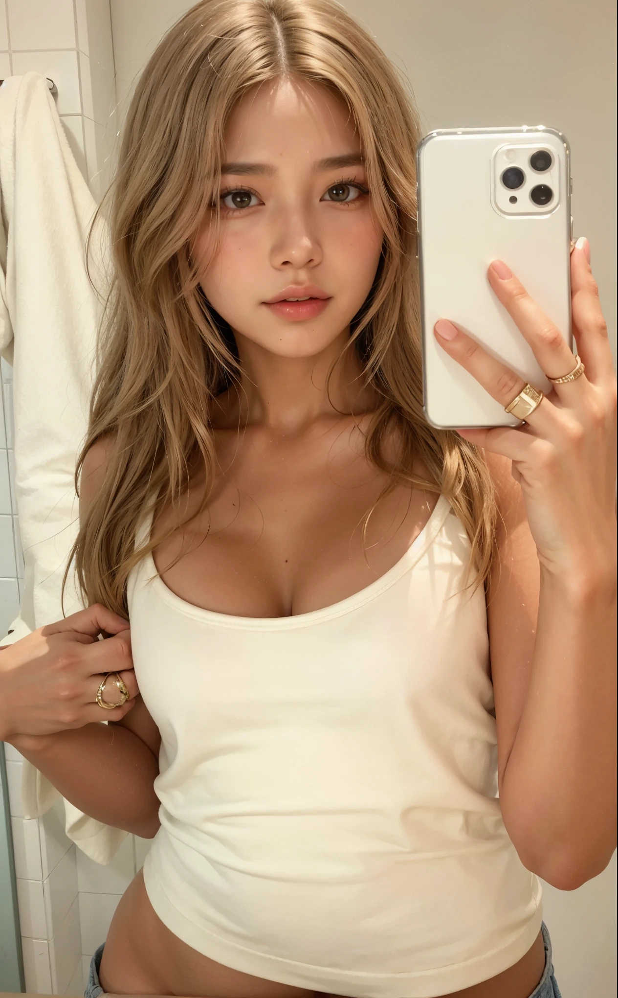Asian, coreana, pink lips, cabelos loiros, decote bonito, olhos grandes