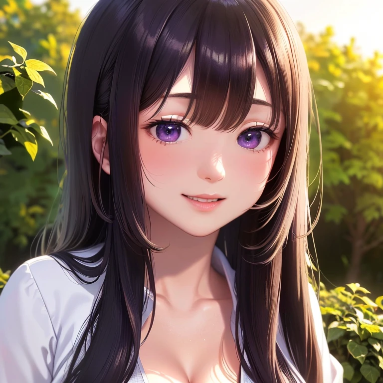 ((best qualityer)), ((work of art)), (detailded), perfect face mature female, tall woman, Bblack hair, gigantic breastss, blue colored eyes, parted bangs, half-closed eyes, plein-air, shining skin, naughty face, seducing smile, pretty long hair, white dresses, curved, hair intake, matsumoto rangiku, brow, nube, cover, lips, cloused mouth, maternal look, long robe, long sleeves, Blushing Nose, cover, Queen's dress, white dressess with gold, long robe, holy, holy dress, Heart shaped_가슴_defiance