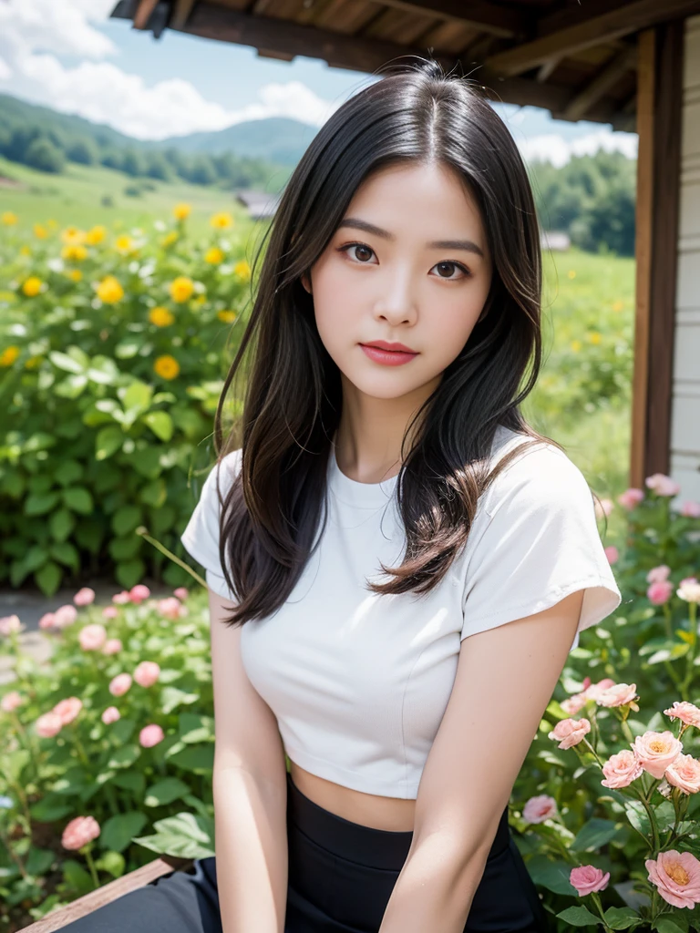 ((best qualtiy, 8K, tmasterpiece:1.3)),Focus:1.2, female high-school student，wooden cabin，（A look of determination）（adolable），delicated face，Long hair waist-length，long hair flowing，Tilt your head，ssmile，Hair details，Delicate Full Body Portrayal，Delicate depiction of the face，Best picture quality，A high resolution，Detailed background，Delicate portrayal，exquisitedetails，Rich in detail，Facial strengthening，(Black crop top，short  skirt)，with blue sky and white clouds，wooden cabin，Sitting Among the Flowers，There are no bags under the eyes