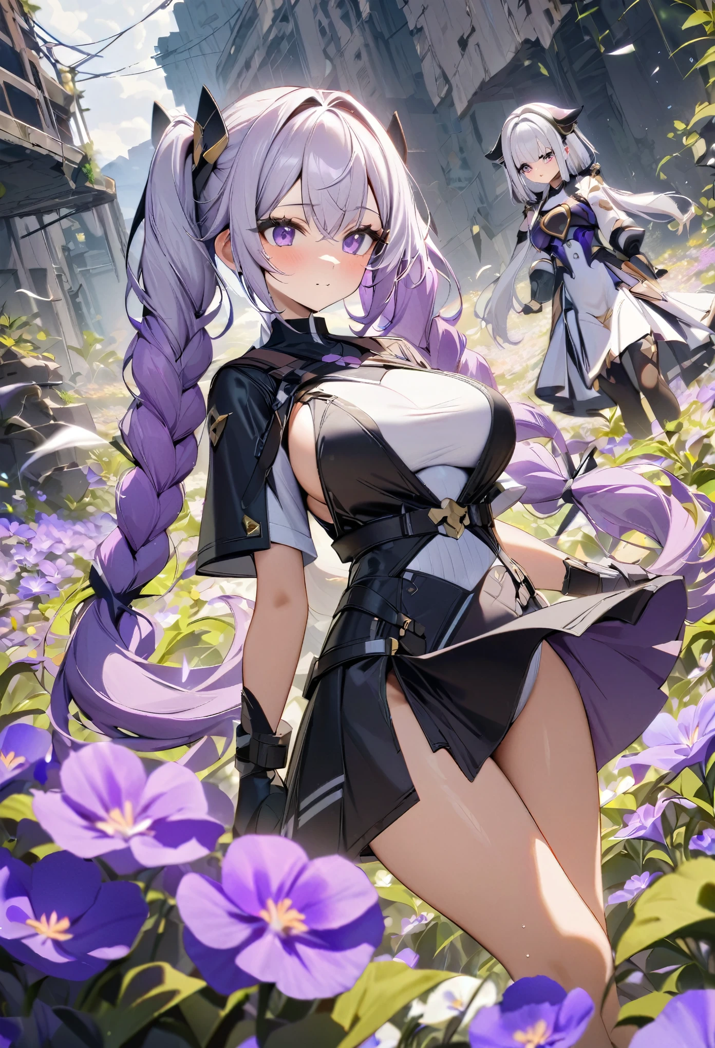 masterpiece,best quality,newest,dynamic angle highly detail, (2girls:1.5),back_to_back,(1girl,yinji,purple_gradient_hair,purple_hair,grey_hair,purple_eyes,very_long_hair,(twintails:1.2),braided_ponytail,large_breasts,armor, ), (1girl,short_hair,white_hair,one_piece_dress), violet_(flower), Fluttering petals,Expansive flower landscape,in a flower field, ruins,