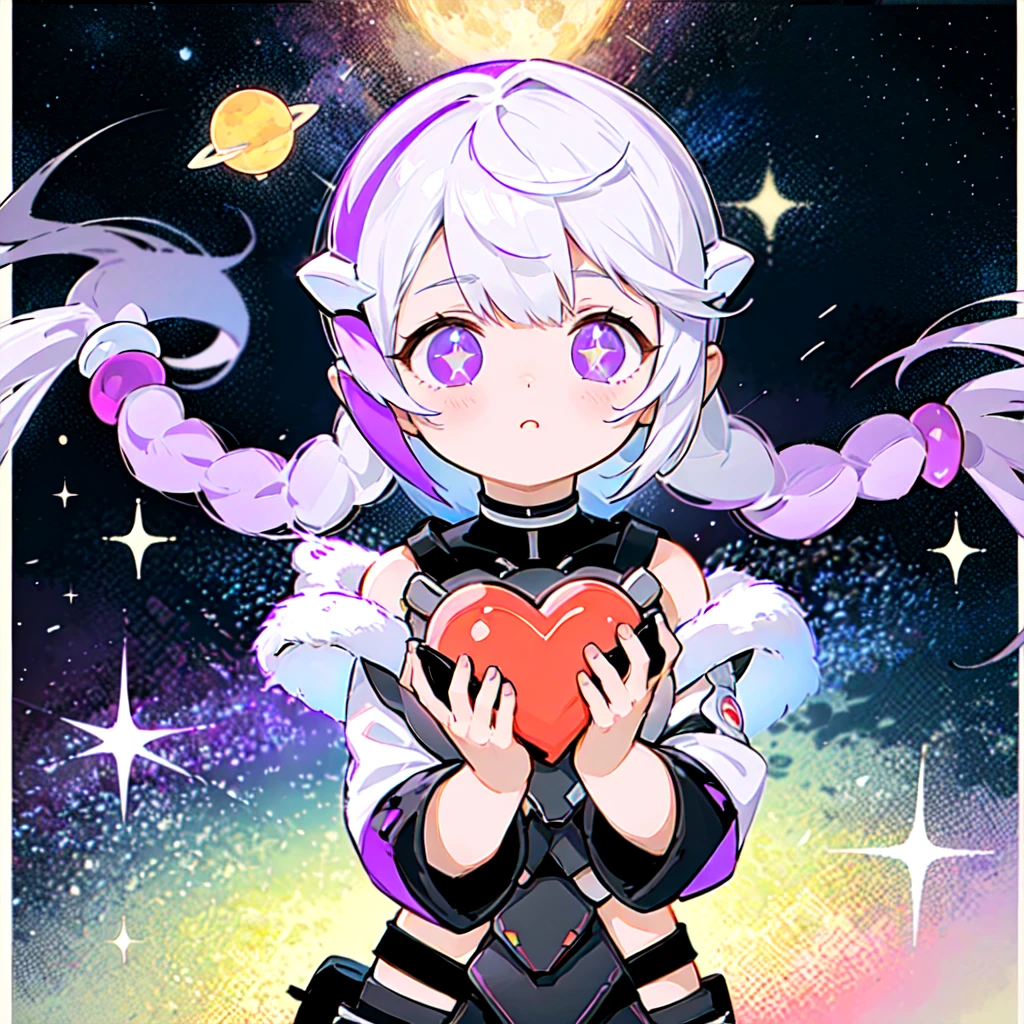 Disorganized、Little、Cute male and female couple、Movie Posters、yinji,highest quality、Masterpiece、Official Art、The best light source、The best composition、Super detailed、super beautiful、16K、Super detailedな目、Wisteria trellis background、Picture Frame、Picture Frameに紫のLEDライト、indirect lighting、Cyberpunk future beautiful girl、Long double braids、Purple hair color with milky white gradation inner color、Sparkling、Holding hands and floating in space、
