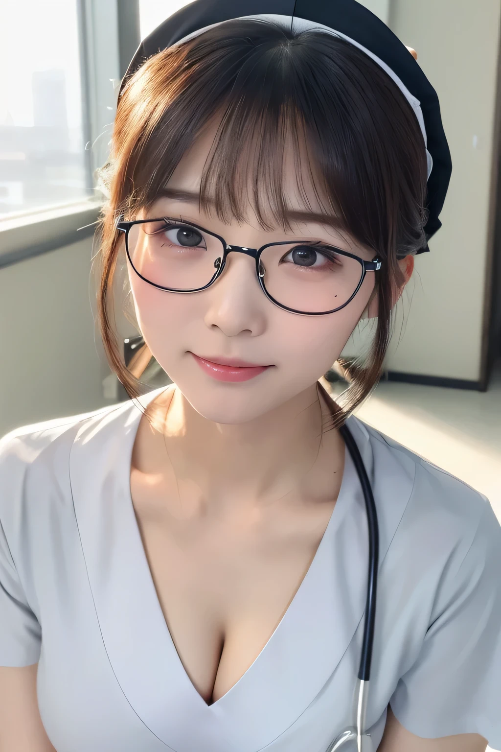 (1 Girl)、(Beautiful Japanese、24years old,round face、Refreshing、clear、seems kind、stylish、Pitiful、cute like an angel、cute、black eyes、,actress,Almond-shaped eyes,Translucent white skin、Beautiful skin), Good style , (Beautiful big breasts:1.2),(soft breasts),(very cute),{(Broun hair),(updo),(Bangs is deep side part),(tendrils)},(enchanting eyes),(highlight on eyes:1.2)、(rimless glasses),(8K、Live shooting、highest quality、masterpiece:1.2、optimal lighting)、((masterpiece)),(Photo taken by a professional photographer),(real、photo real:1.4),break,{ (White nurse costume),(((taraditional nurse uniform))),,{(White nurse tight pants)},(cleavage:1.2)},( Cheerful),(tears:1.3),(cheeks are red:1.2), break, break,Old hospital,Face shot:1.3、looking at viewer, face close-up,Looking up、sitting、Feeling embarrassed、Tears flowing