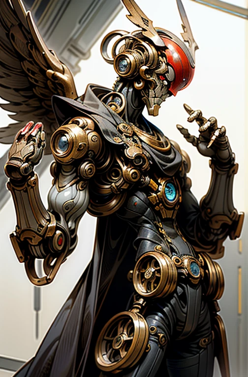 Hombre,Robot, ciborg, (humanoide), half machine, Ultron, Robotic wings, (engranajes), (steampunk), tuerto, ojo rojo, Robotic wings,(alas de lechuza), robot, humano, lechuza, role character, nuchaku cono arma principal