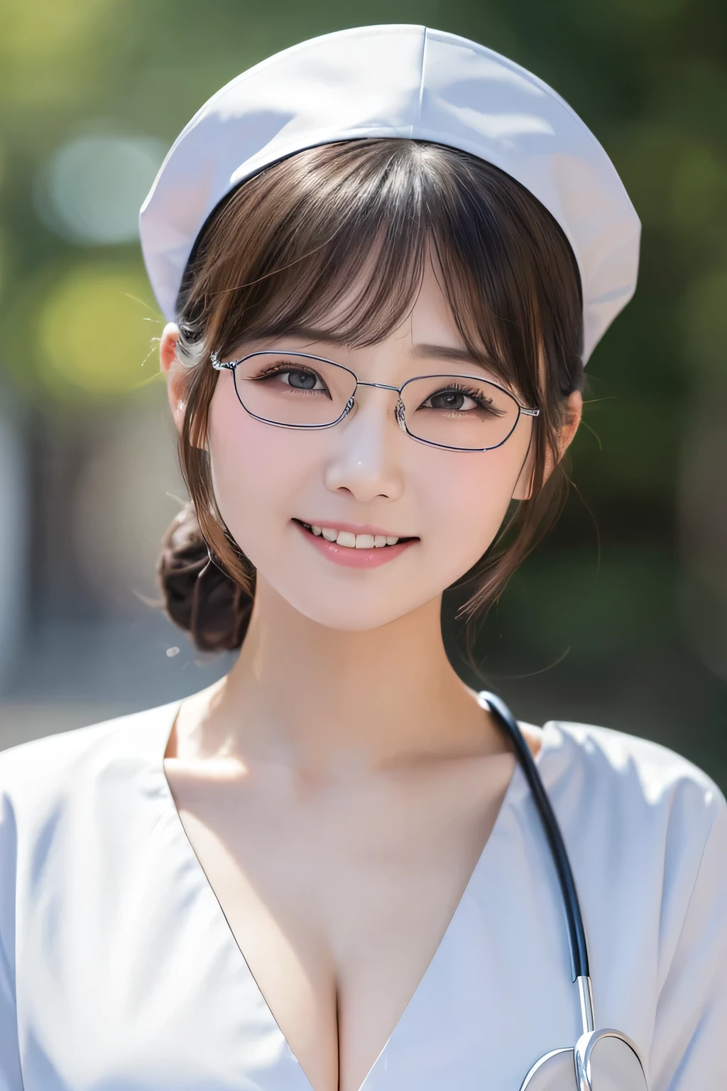 (1 Girl)、(Beautiful Japanese、24years old,round face、Refreshing、clear、seems kind、stylish、Pitiful、cute like an angel、cute、black eyes、,actress,Almond-shaped eyes,Translucent white skin、Beautiful skin), Good style , (Beautiful big breasts:1.2),(soft breasts),(very cute),{(Broun hair),(updo),(Bangs is deep side part),(tendrils)},(enchanting eyes),(highlight on eyes:1.2)、(rimless glasses),(8K、Live shooting、highest quality、masterpiece:1.2、optimal lighting)、((masterpiece)),(Photo taken by a professional photographer),(real、photo real:1.4),break,{ (White nurse costume),(((taraditional nurse uniform))),,{(White nurse tight pants)},(cleavage:1.2)},( Cheerful),(tears:1.3),(cheeks are red:1.2), break, break,Old hospital,Face shot:1.3、looking at viewer, face close-up,Looking up、sitting、Feeling embarrassed、Tears flowing