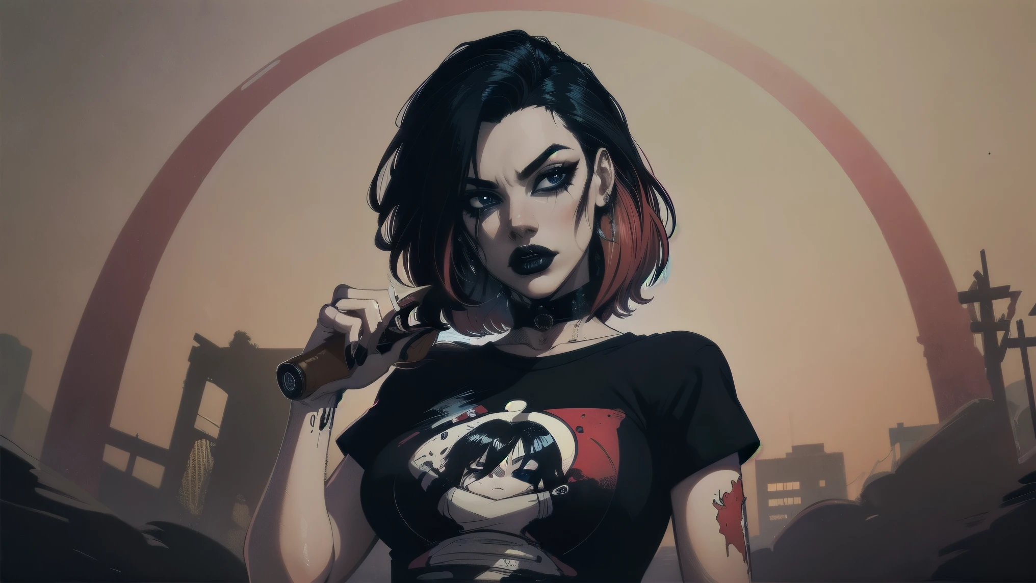 uma mulher com cabelo preto curto, cabelo nos ombros, vestindo uma camiseta vermelha e saia xadrez, olhos azuis, arte zumbi, Gothic art, cute aesthetic with vibrancy, cartoon aesthetic, vestindo traje vermelho, using gothic accessories, parece Cassie Hack, tronco, Fundo de terror