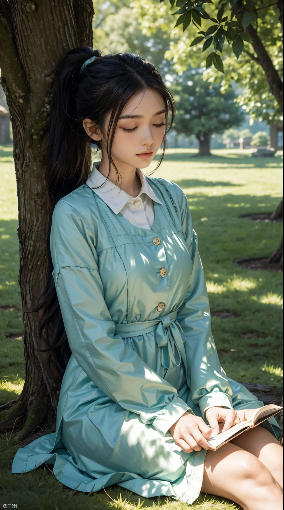 An anime-style illustration of a character with light skin and long hair tied in a ponytail, with pointed ears, sitting under a large tree, dozing off while holding a book. The character is wearing a high-collared outfit and looks peaceful and relaxed, with their eyes closed and head slightly tilted. The setting includes lush green grass and dappled sunlight filtering through the tree leaves, creating a serene and tranquil atmosphere. The overall style should match the previous image, with detailed shading and line art.