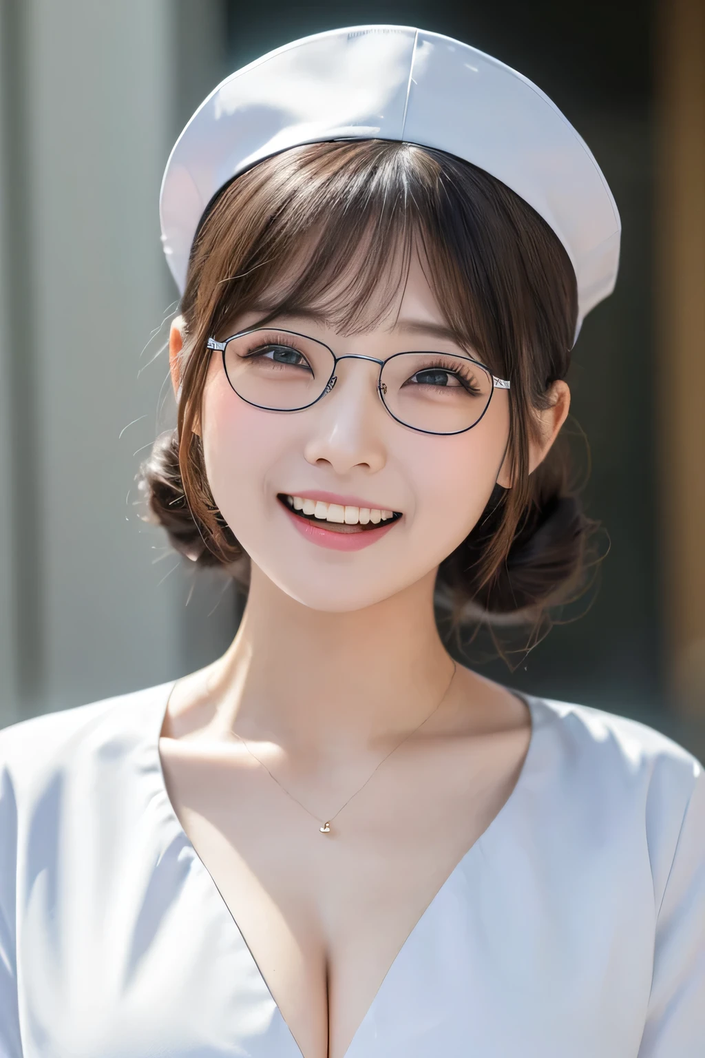 (1 Girl)、(Beautiful Japanese、24years old,round face、Refreshing、clear、seems kind、stylish、Pitiful、cute like an angel、cute、black eyes、,actress,Almond-shaped eyes,Translucent white skin、Beautiful skin), Good style , (Beautiful big breasts:1.2),(soft breasts),(very cute),{(Broun hair),(updo),(Bangs is deep side part),(tendrils)},(enchanting eyes),(highlight on eyes:1.2)、(rimless glasses),(8K、Live shooting、highest quality、masterpiece:1.2、optimal lighting)、((masterpiece)),(Photo taken by a professional photographer),(real、photo real:1.4),break,{ (White nurse costume),(((taraditional nurse uniform))),,{(White nurse tight pants)},(cleavage:1.2)},( Big laugh),(tears:1.3),(cheeks are red:1.2), break, break,Old hospital,Face shot:1.3、looking at viewer, face close-up,Looking up、sitting、Feeling embarrassed、Tears flowing