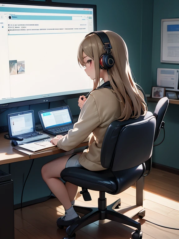 Girl on chair wearing headphones and listening to music,The screen displays CHMM MUSIC