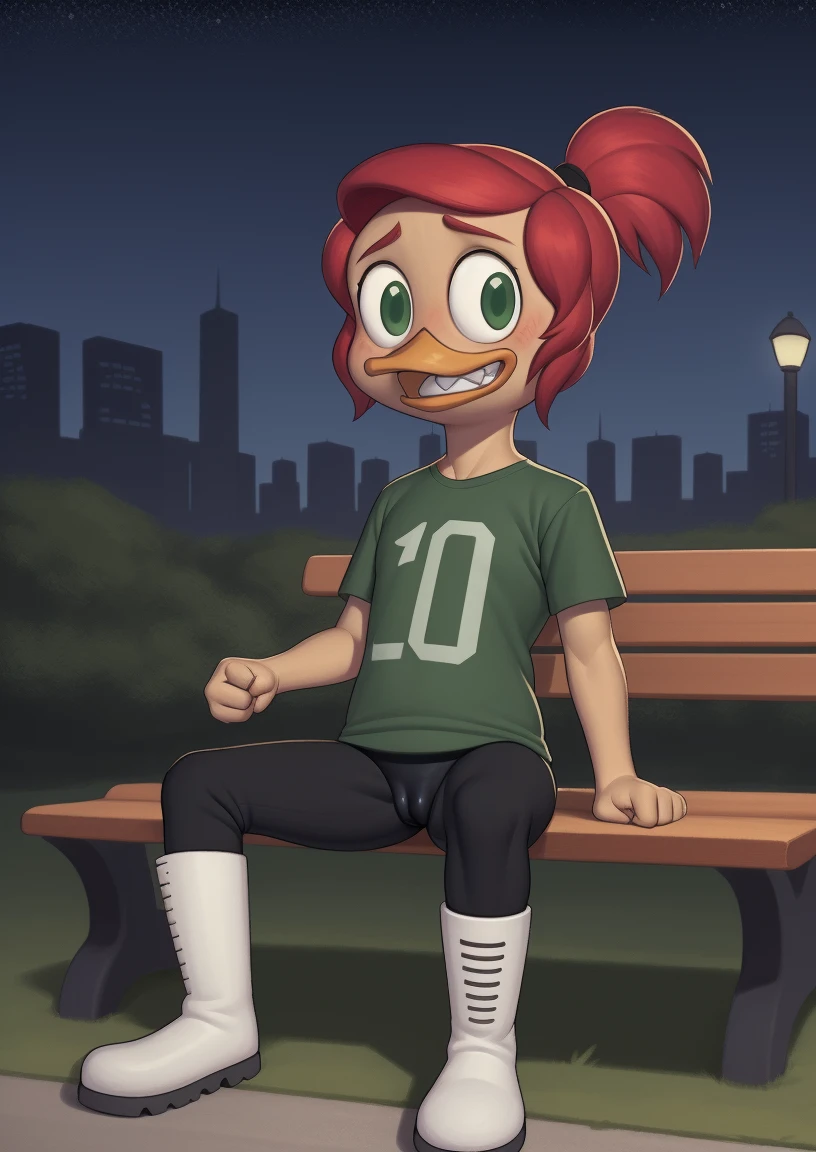 (by Drockdraw:1.2) (by chelodoy:1) (by ashraeli:1)  (masterpiece, high quality, full-length portrait) (detailed background, outside, park, city, night, stars:1.3) BREAK gosalyn waddlemeyer, solo:1.2, (light brown skin:1.35), green eyes, ducktales, eyeliner, zipper, number on clothing (flat chested:1.2), close mouth, ( looking at viewer) (wide eyed, fist, clenched teeth:1.1) (green clothing, t-shirt, black pants, cameltoe, white boots:1.3) (red hair, ponytail:1.2) (young, short:1.4) duck, beak, sad, shy, sitting on bench, 