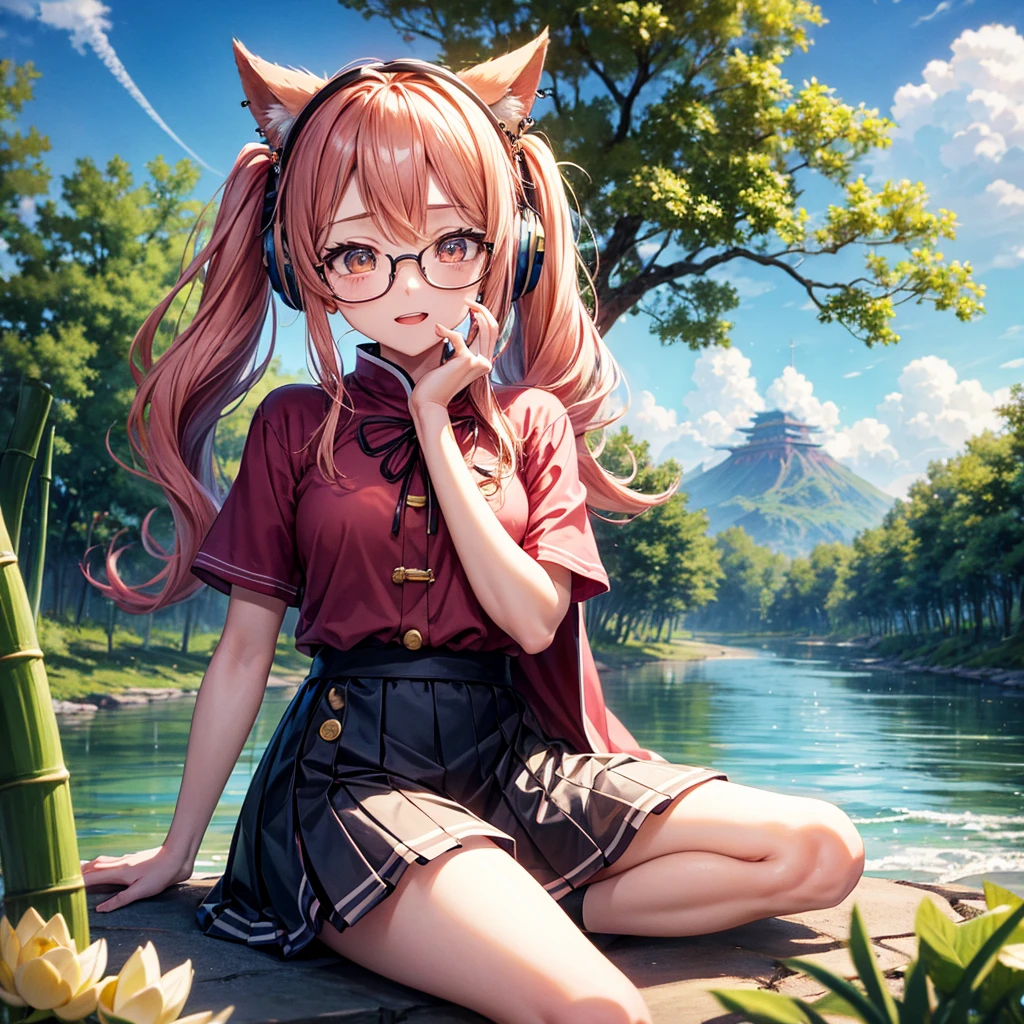 Pink Blue Gold Golden Hair、Golden Eyes、Two good looking girls、Twin tails、solo、anime、Checkered mini skirt、The skirt has buttons、Red T-shirt、China、Cape、Black knee-high socks、Wearing headphones、Wearing a ribbon、Ribbon on waist、Tilting face、Teeth are visible、Sunset sky、Water Mountain、Piercing the clouds、Contrail、Glasses、tree、Sitting、Touching your face、lotus leaves、canal、Cumulonimbus、bamboo forest、Facing each other