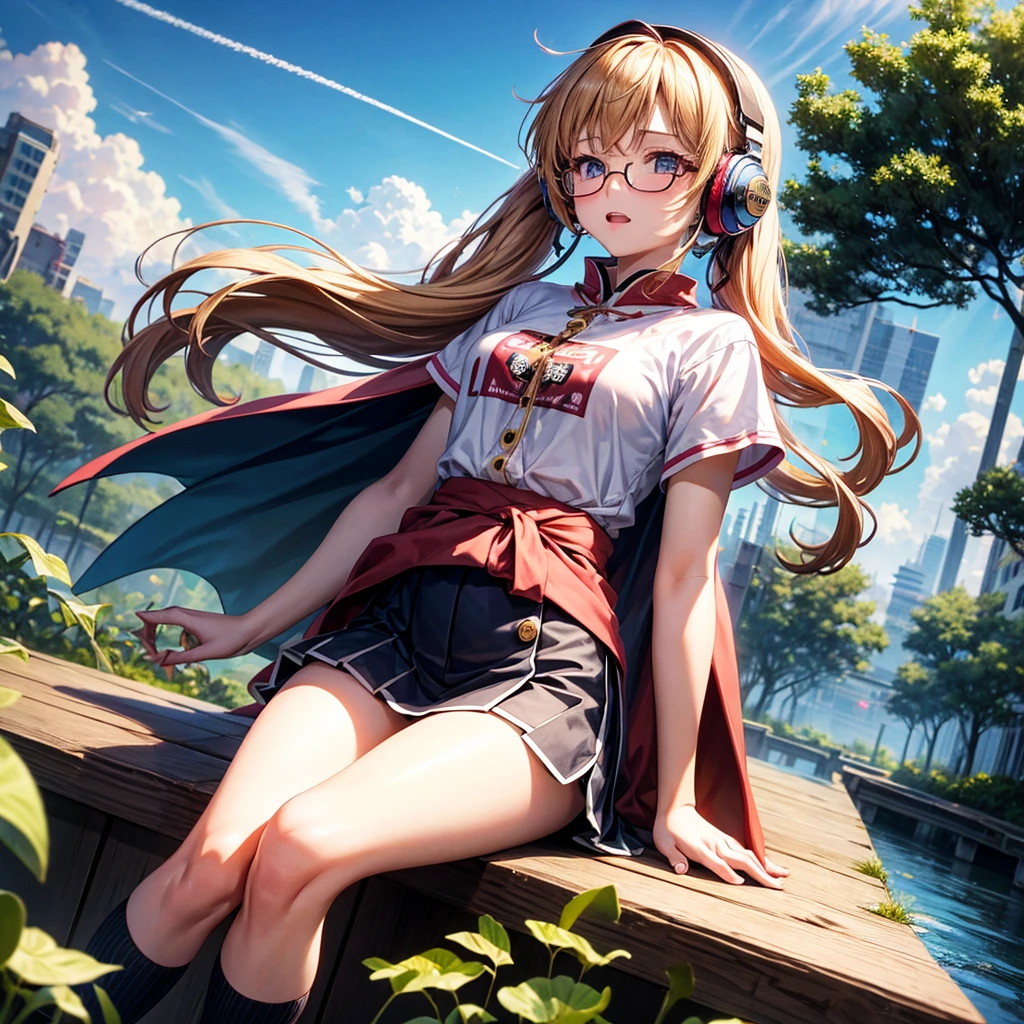 Pink Blue Gold Golden Hair、Golden Eyes、Two good looking girls、Twin tails、solo、anime、Checkered mini skirt、The skirt has buttons、Red T-shirt、China、Cape、Black knee-high socks、Wearing headphones、Wearing a ribbon、Ribbon on waist、Tilting face、Teeth are visible、Sunset sky、Water Mountain、Piercing the clouds、Contrail、Glasses、tree、Sitting、Touching your face、lotus leaves、canal、Cumulonimbus、bamboo forest、Facing each other