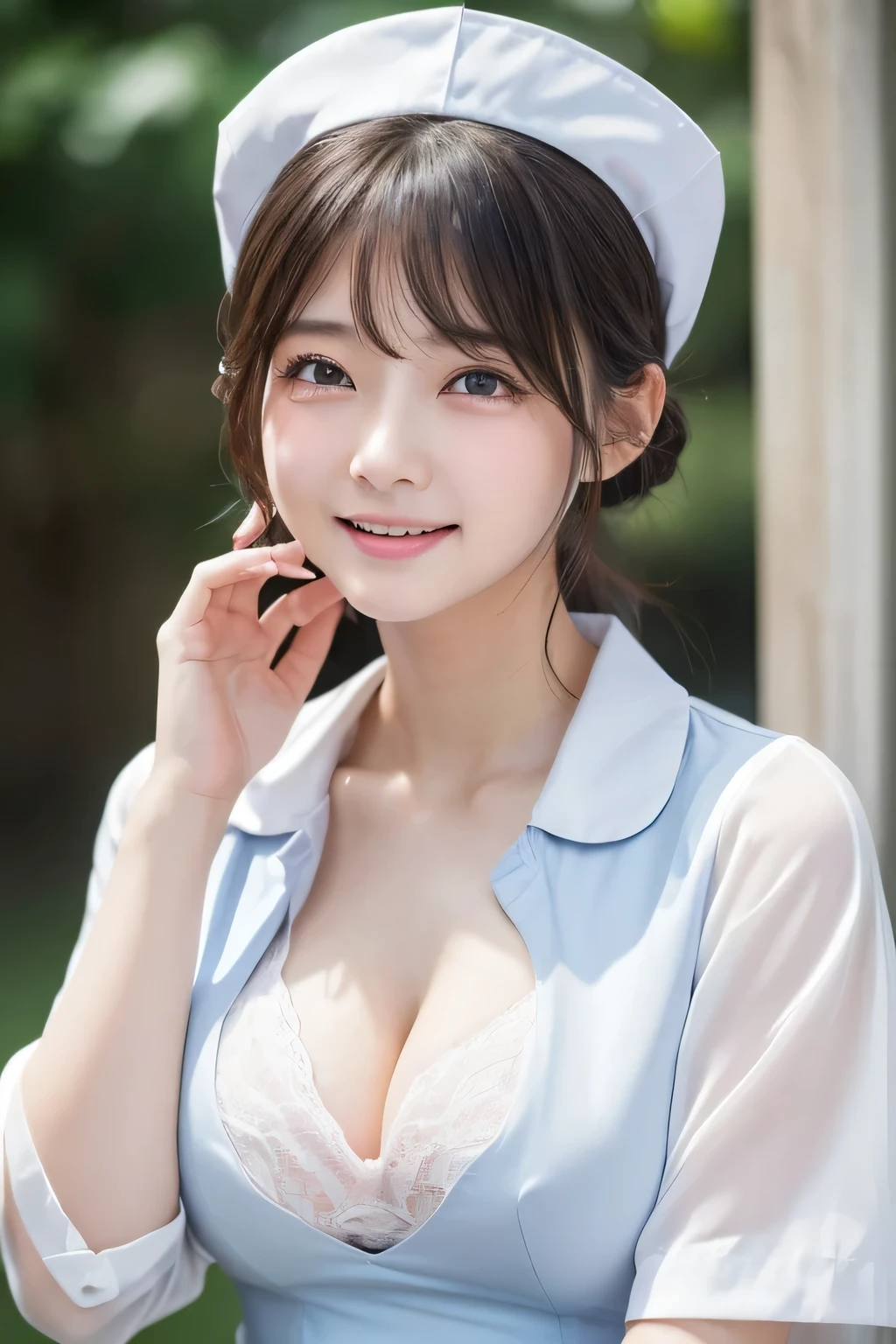 (1 Girl)、(Beautiful Japanese、24years old,round face、Refreshing、clear、seems kind、stylish、Pitiful、cute like an angel、cute、black eyes、,actress,Almond-shaped eyes,Translucent white skin、Beautiful skin), Good style , (Beautiful ???????????:1.2),(soft ???????),(very cute),{(Broun hair),(updo),(Bangs is deep side part),(tendrils)},(enchanting eyes),(highlight on eyes:1.2)、(rimless glasses),(8K、Live shooting、highest quality、masterpiece:1.2、optimal lighting)、((masterpiece)),(Photo taken by a professional photographer),(real、photo real:1.4),break,{ (White nurse costume),(((taraditional nurse uniform))),,{(White nurse tight pants)},(cleavage:1.2)},( Big laugh),(tears:1.3),(cheeks are red:1.2), break, break,Old hospital,Face shot:1.3、looking at viewer, face close-up,Looking up、sitting、Feeling embarrassed、Tears flowing