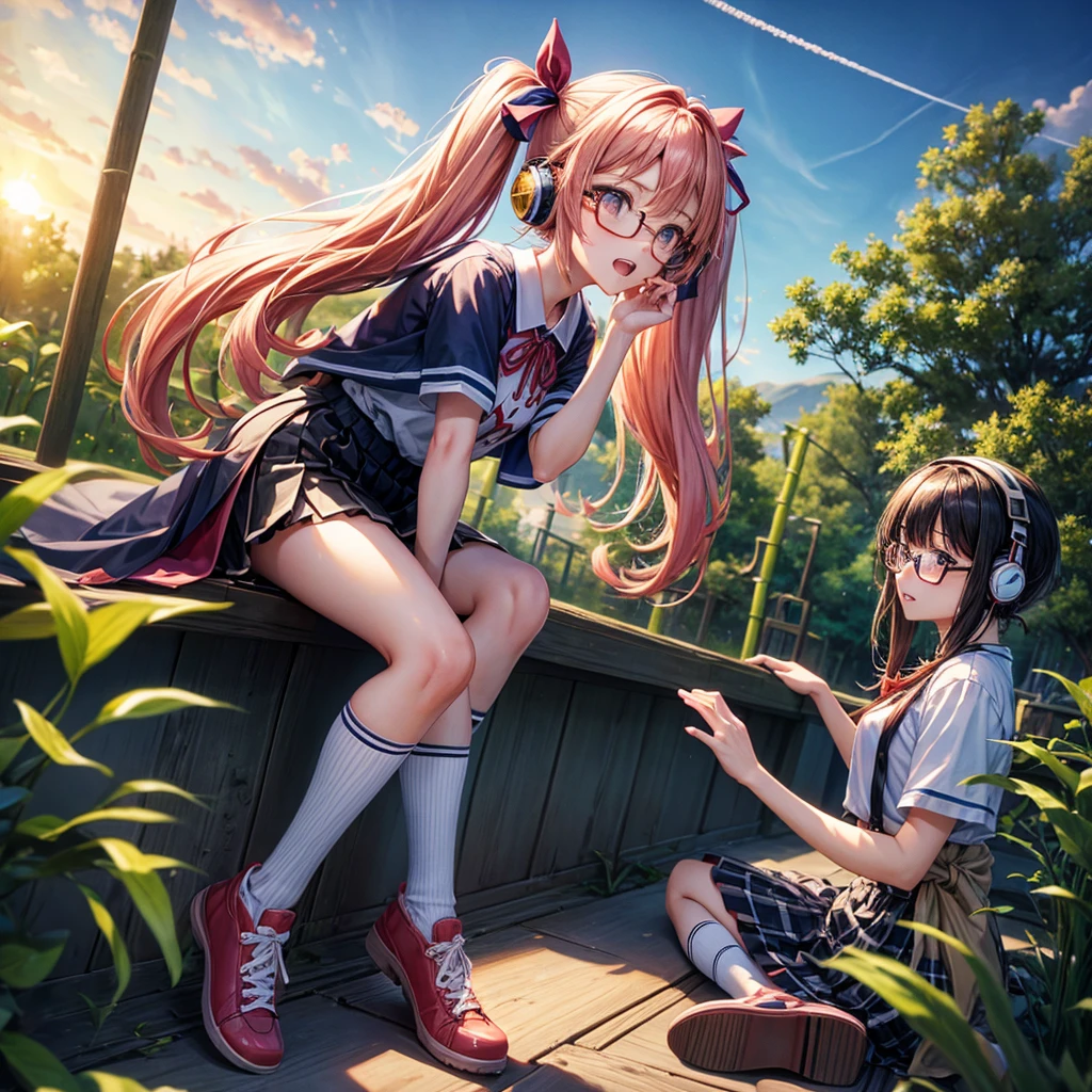Pink Blue Gold Golden Hair、Golden Eyes、Two good looking girls、Twin tails、solo、anime、Checkered mini skirt、The skirt has buttons、Red T-shirt、China、Cape、Black knee-high socks、Wearing headphones、Wearing a ribbon、Ribbon on waist、Tilting face、Teeth are visible、Sunset sky、Water Mountain、Piercing the clouds、Contrail、Glasses、tree、Sitting、Touching your face、lotus leaves、canal、Cumulonimbus、bamboo forest、Facing each other