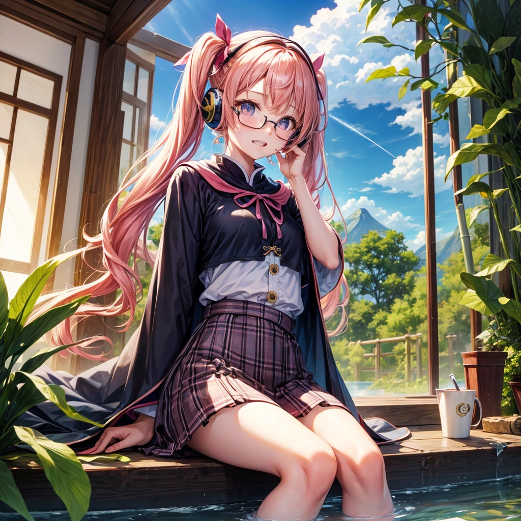 Pink Blue Gold Golden Hair、Golden Eyes、Two good looking girls、Twin tails、solo、anime、Checkered mini skirt、The skirt has buttons、Red T-shirt、China、Cape、Black knee-high socks、Wearing headphones、Wearing a ribbon、Ribbon on waist、Tilting face、Teeth are visible、Sunset sky、Water Mountain、Piercing the clouds、Contrail、Glasses、tree、Sitting、Touching your face、lotus leaves、canal、Cumulonimbus、bamboo forest、Facing each other