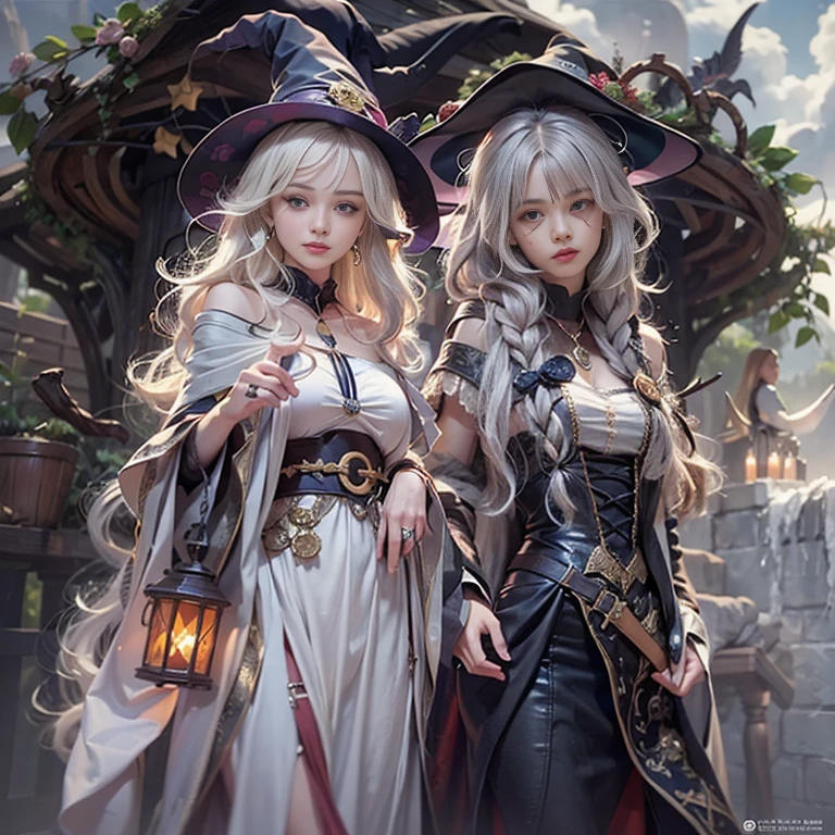 (number々Award-winning masterpiece, Incredible detail, Texture and maximum detail), (hyper Realistic:1.4), (Realistic:1.3), (Full body close-up:0.4), (Highest quality real texture skins), ((The medieval world)), Slanted Eyes, Detailed drawn eyes, Detailed face, (((witch'Old black hat))), (Slim witch in white clothes), (Slim female wizard in white clothes), (Slim witch in black clothes), (Slim female wizard in black clothes), Kind eyes, ((Perfect and beautiful fingers)), ((Perfect and beautiful arms)), (She has a mischievous smile:1.4), Friendly and girlish face, (The devil dances overhead), Glass earrings in the ears, (Dramatic Photos:1.6), Shining and majestic thunderclouds and sky, Halo Optical Phenomenon, Anti-light, Twilight, sunset, evening, (Dramatic Light), (Spectacular sight), (Her expression is calm, So gentle and so beautiful、Somehow scary), (Noble), (blonde, Silver Hair, Chestnut Hair), ((Full body portrait)), ((look up)), ((Looking down)), (Full body standing:1.5), (On her neck、Simple Necklace, It's creepy but well done, Wearing.), Altar of Purgatory, Old What's left behind overgrown with plants, The Great Temple of the Devil, Cathedral, The Great Temple of the Devil, Temple What's left behind, Detached temple, magic circle, Ancient castle What's left behind, What's left behind, 崩れかけたWhat's left behind, Ancient What's left behind with clear water, Wavelets, water flowing,