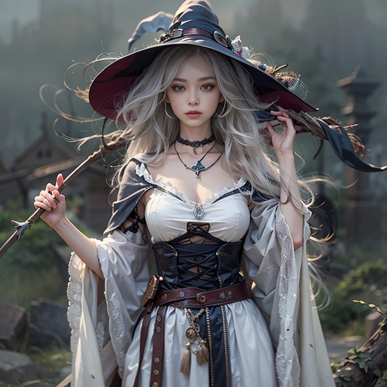 (number々Award-winning masterpiece, Incredible detail, Texture and maximum detail), (hyper Realistic:1.4), (Realistic:1.3), (Full body close-up:0.4), (Highest quality real texture skins), ((The medieval world)), Slanted Eyes, Detailed drawn eyes, Detailed face, (((witch'Old black hat))), (Slim witch in white clothes), (Slim female wizard in white clothes), (Slim witch in black clothes), (Slim female wizard in black clothes), Kind eyes, ((Perfect and beautiful fingers)), ((Perfect and beautiful arms)), (She has a mischievous smile:1.4), Friendly and girlish face, (The devil dances overhead), Glass earrings in the ears, (Dramatic Photos:1.6), Shining and majestic thunderclouds and sky, Halo Optical Phenomenon, Anti-light, Twilight, sunset, evening, (Dramatic Light), (Spectacular sight), (Her expression is calm, So gentle and so beautiful、Somehow scary), (Noble), (blonde, Silver Hair, Chestnut Hair), ((Full body portrait)), ((look up)), ((Looking down)), (Full body standing:1.5), (On her neck、Simple Necklace, It's creepy but well done, Wearing.), Altar of Purgatory, Old What's left behind overgrown with plants, The Great Temple of the Devil, Cathedral, The Great Temple of the Devil, Temple What's left behind, Detached temple, magic circle, Ancient castle What's left behind, What's left behind, 崩れかけたWhat's left behind, Ancient What's left behind with clear water, Wavelets, water flowing,