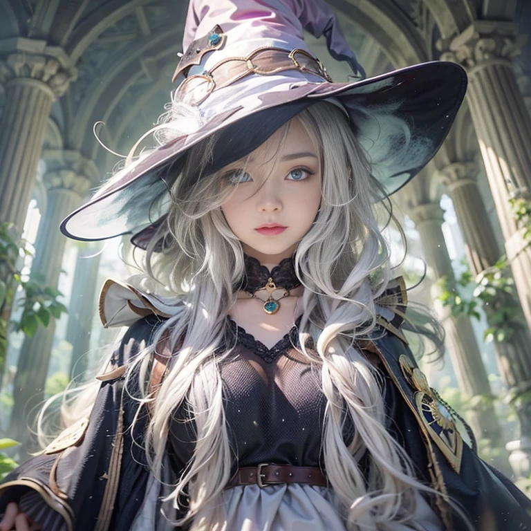 (number々Award-winning masterpiece, Incredible detail, Texture and maximum detail), (hyper Realistic:1.4), (Realistic:1.3), (Full body close-up:0.4), (Highest quality real texture skins), ((The medieval world)), Slanted Eyes, Detailed drawn eyes, Detailed face, (((witch'Old black hat))), (Slim witch in white clothes), (Slim female wizard in white clothes), (Slim witch in black clothes), (Slim female wizard in black clothes), Kind eyes, ((Perfect and beautiful fingers)), ((Perfect and beautiful arms)), (She has a mischievous smile:1.4), Friendly and girlish face, (The devil dances overhead), Glass earrings in the ears, (Dramatic Photos:1.6), Shining and majestic thunderclouds and sky, Halo Optical Phenomenon, Anti-light, Twilight, sunset, evening, (Dramatic Light), (Spectacular sight), (Her expression is calm, So gentle and so beautiful、Somehow scary), (Noble), (blonde, Silver Hair, Chestnut Hair), ((Full body portrait)), ((look up)), ((Looking down)), (Full body standing:1.5), (On her neck、Simple Necklace, It's creepy but well done, Wearing.), Altar of Purgatory, Old What's left behind overgrown with plants, The Great Temple of the Devil, Cathedral, The Great Temple of the Devil, Temple What's left behind, Detached temple, magic circle, Ancient castle What's left behind, What's left behind, 崩れかけたWhat's left behind, Ancient What's left behind with clear water, Wavelets, water flowing,