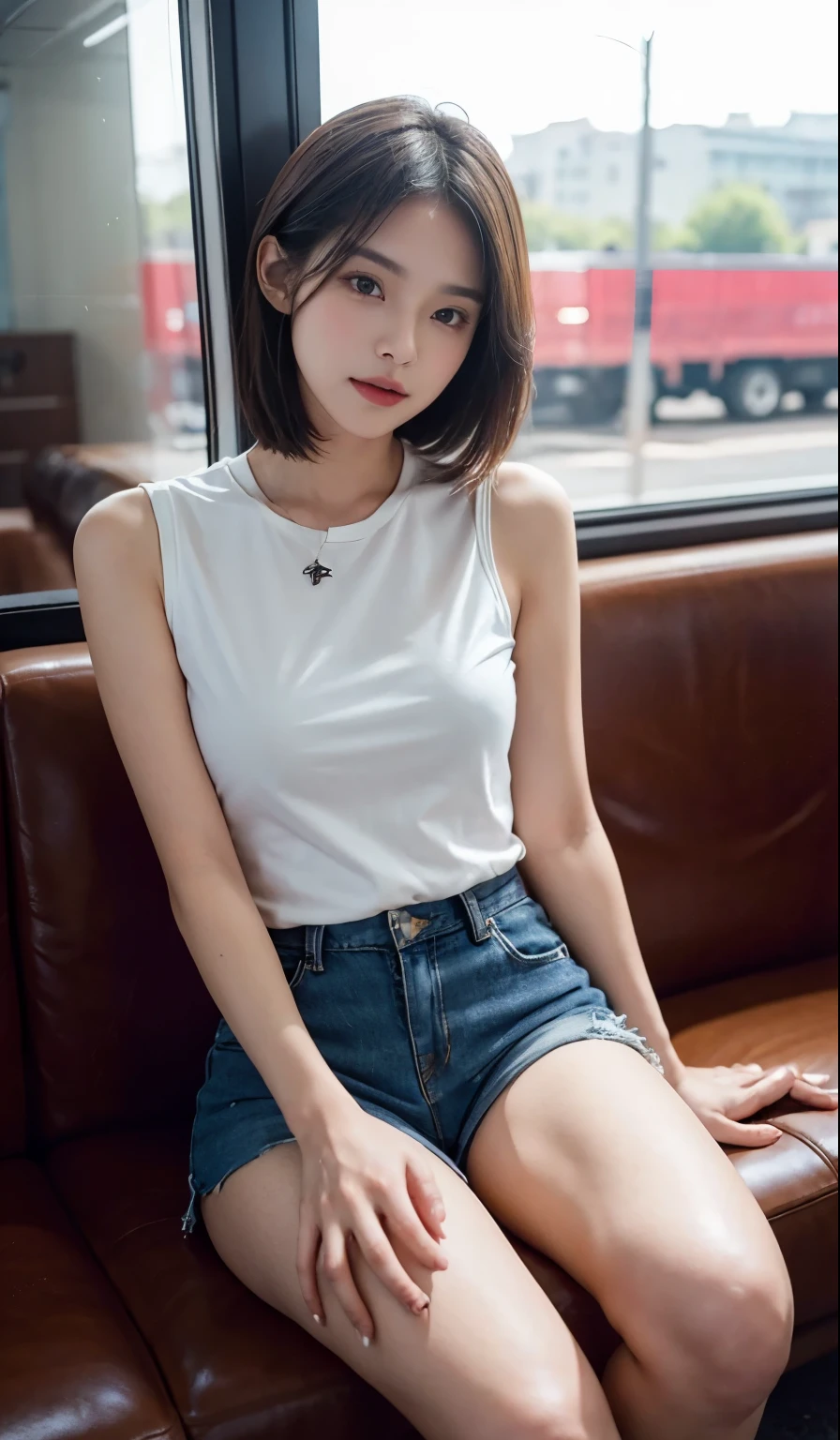 Beautiful woman,10th Generation,,young,train,Sitting,legs closed,Thighs,Thighsを見下ろしている,fashion shorts,Super Short Hot Pants,Thighsを接写,
