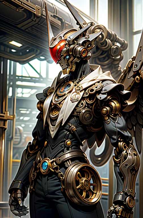 Hombre,Robot, ciborg, (humanoide), half machine, Ultron, Robotic wings, (engranajes), (steampunk), tuerto, ojo rojo, Robotic wings,(alas de lechuza), robot, humano, lechuza, role character, nuchaku cono arma principal