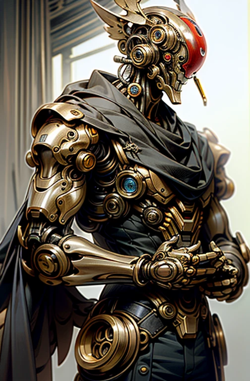 Hombre,Robot, ciborg, (humanoide), half machine, Ultron, Robotic wings, (engranajes), (steampunk), tuerto, ojo rojo, Robotic wings,(alas de lechuza), robot, humano, lechuza, role character, nuchaku cono arma principal