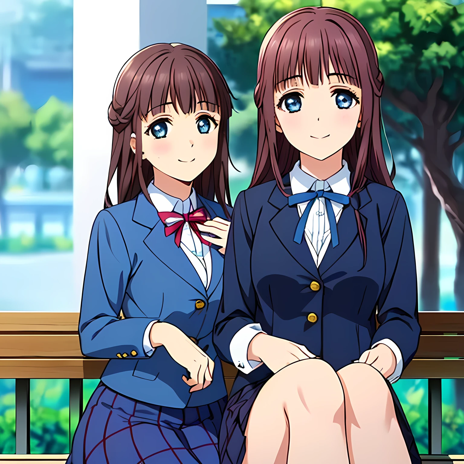 highest quality, (masterpiece:1.2), Very detailed, Game CG, ((((Like a young lady painted by Renoir1Side shot of two beautiful girls sitting)))), ((The girl everyone loves)), (((Very beautiful wavy flaxen hair))), ((((Navy blue blazer)))), (((Dark navy blue checked skirt))), ((((Very beautiful and shining eyes)))), ((Very long eyelashes)), A big white ribbon on the chest, ((An elegant expression like a noble princess)), (((Beautiful and great smile))), Small face and great posture, ((Give the viewer a heavenly feeling of happiness)), (((Blur the background))), ((A very compassionate face)), ((Slender and shapely breasts)), ((Looking into the distance))