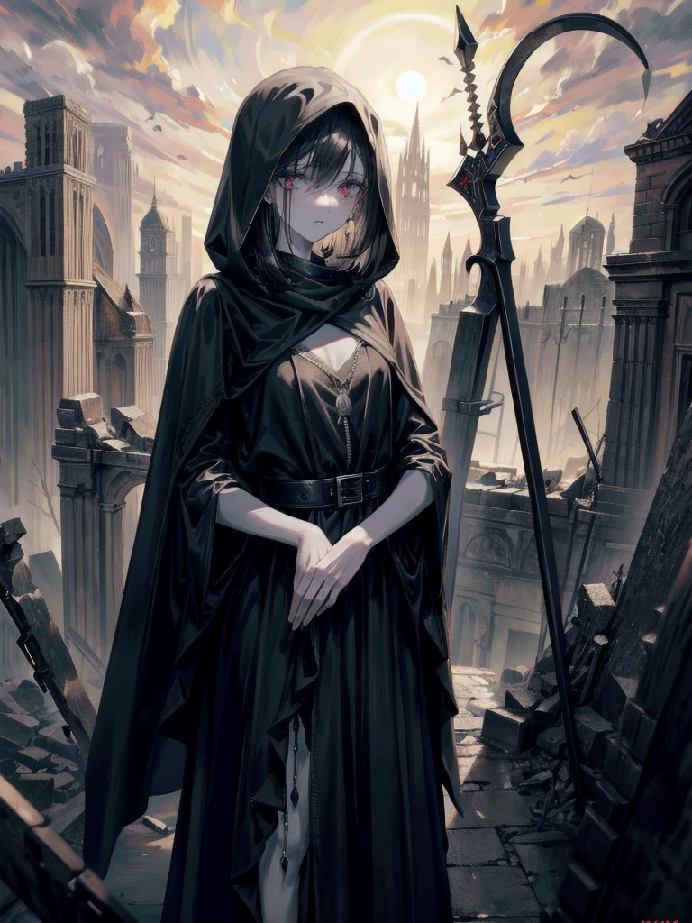 (ruined city), grim reaper, black scythe, robe, absurdres, RAW photo, extremely delicate and beautiful, masterpiece, Best Quality, ultra high resolution, 32k, hyperrealistic, ultra-detailed, detailed description, pale skin, 20 years old, tearful mole, earring, short medium hair, wavy hair, whole body shot,