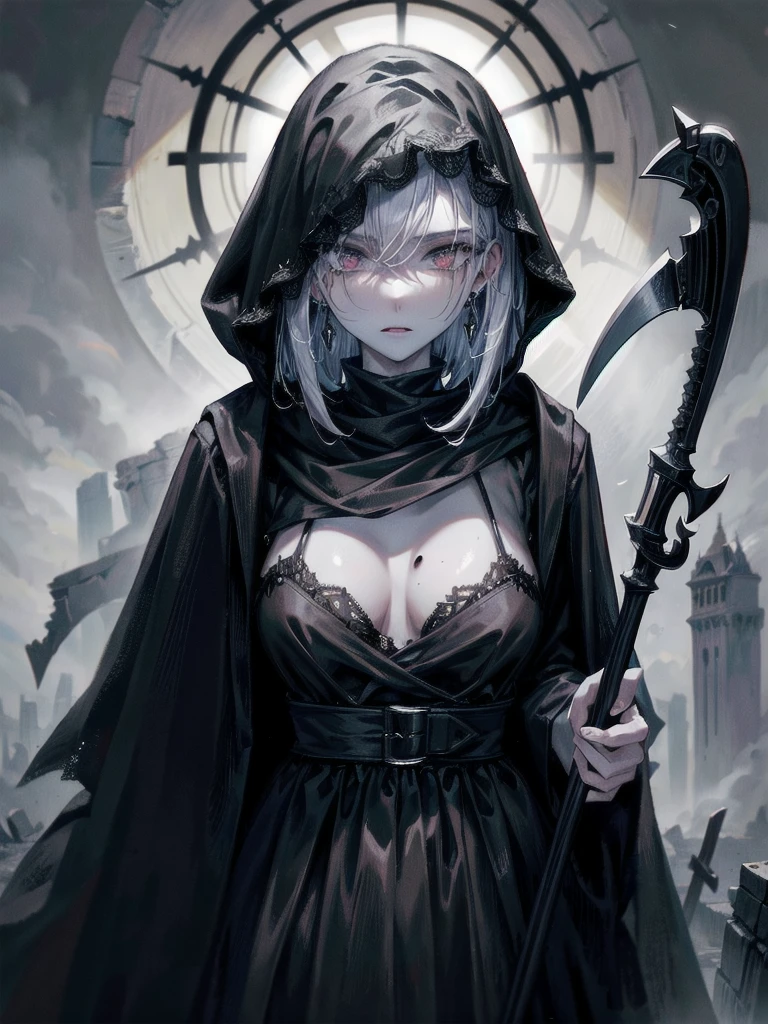 (ruined city), grim reaper, black scythe, robe, absurdres, RAW photo, extremely delicate and beautiful, masterpiece, Best Quality, ultra high resolution, 32k, hyperrealistic, ultra-detailed, detailed description, pale skin, 20 years old, tearful mole, earring, short medium hair, wavy hair, whole body shot,